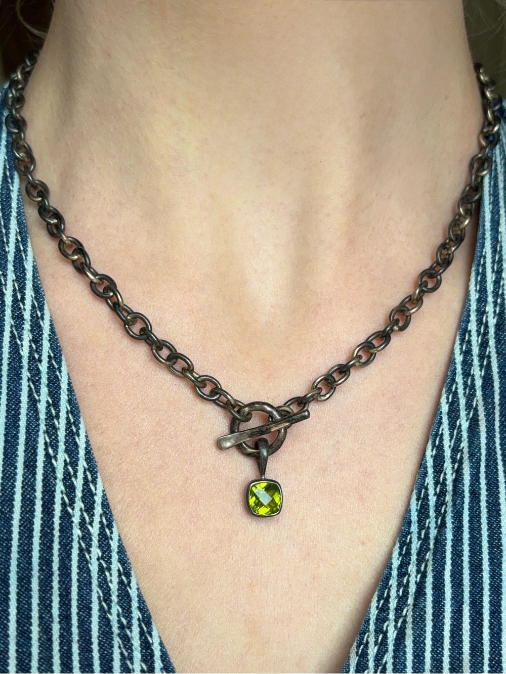 Sterling Silver Heavy Oxidized Toggle Clasp Peridot Gemstone Pendant Necklace